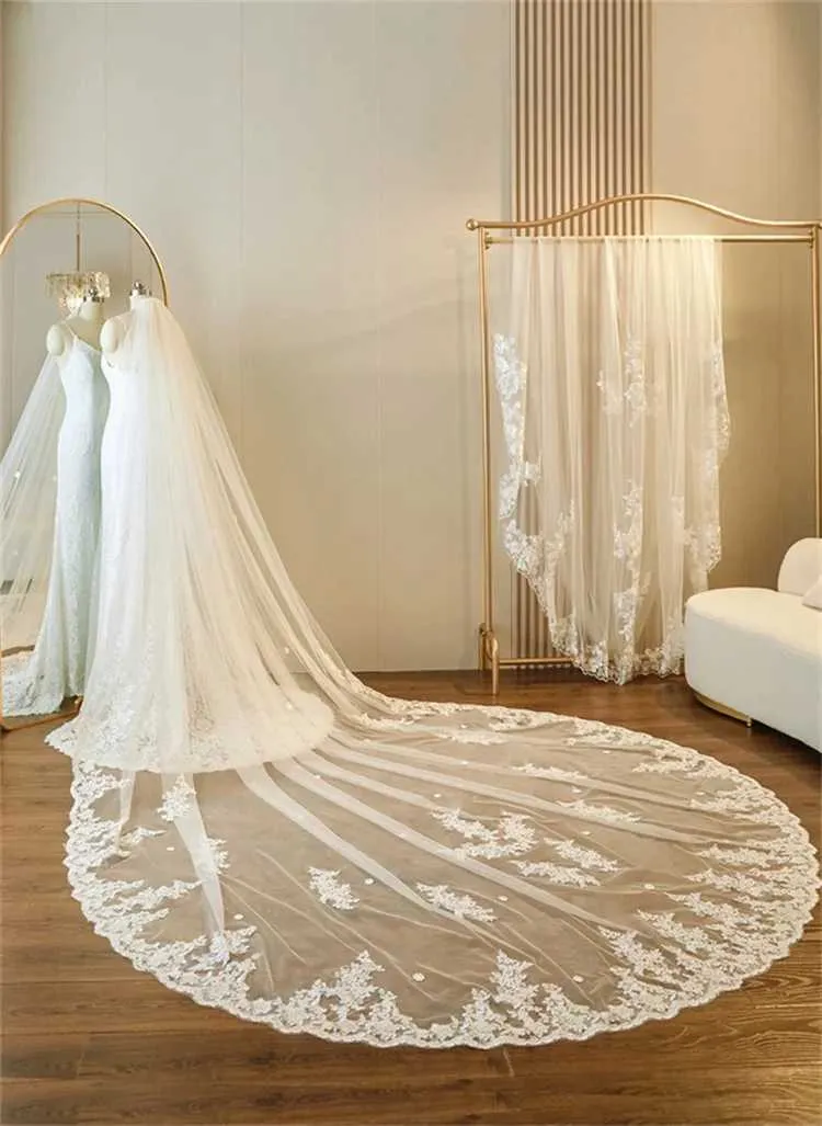 Haarschmuck V67 Schleier Lange Kathedrale Stil Spitze Bestickte Patche Hochzeitsschleier 1 Stufe Brautkleider Zubehör für_voghion.com