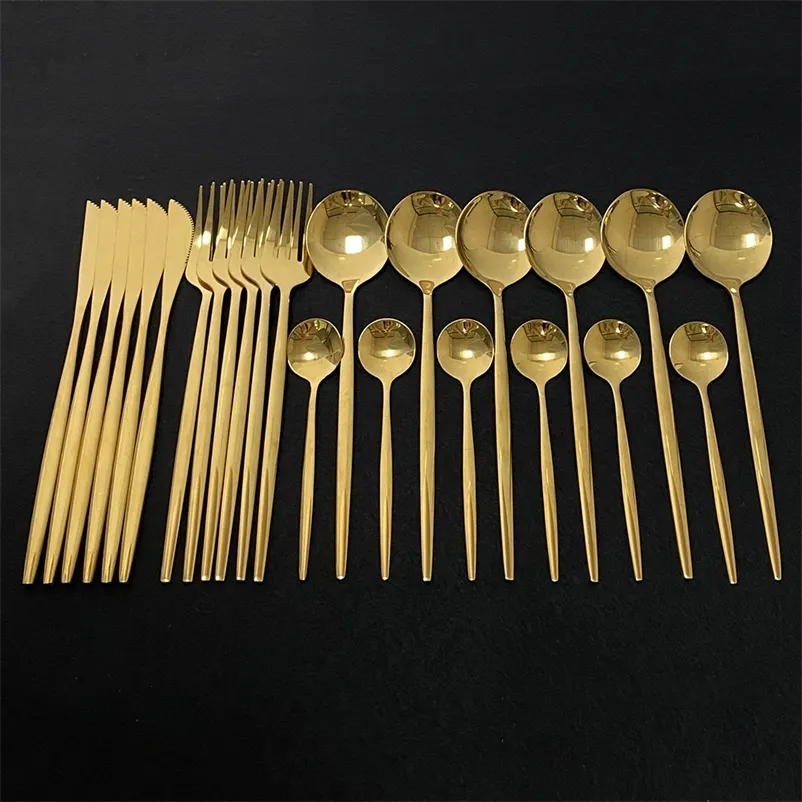 Conjunto de talheres de mesa dourados, 24 peças, aço inoxidável, garfo, faca, colher, talheres, caixa de presente 210317_voghion.com