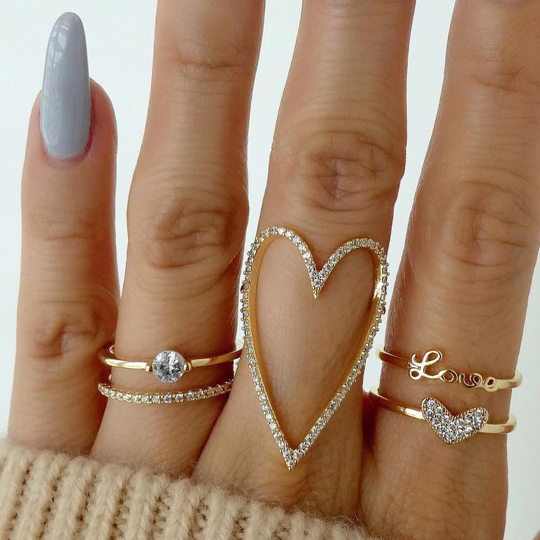Nuevo anillo de amor de diamantes completo, conjunto de 3 piezas, anillo de unión con carta de amor femenina retro creativa
