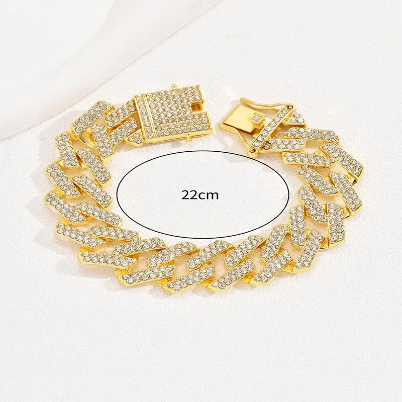 Hip Hop Miami k Gold Clear Crystal Stone Fold Over Closure Big Chain Bracelet For Men Personlity Accessory_voghion.com