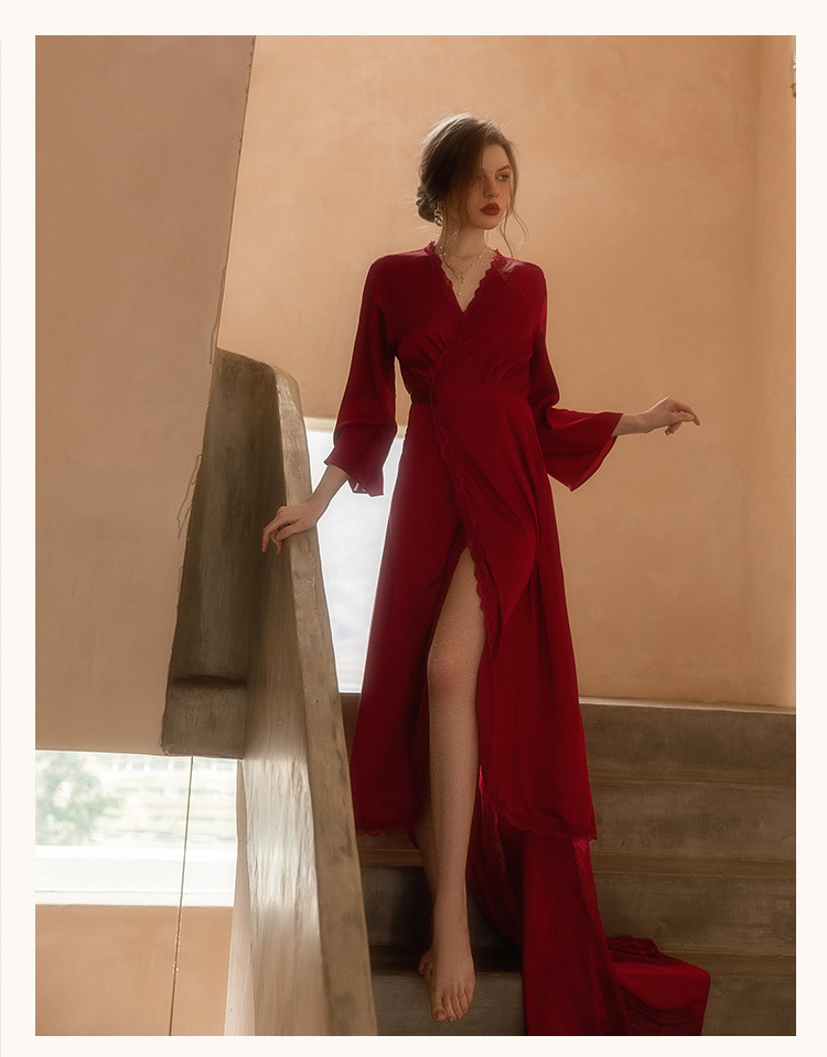 Vêtements pour femmes Robe de matin de mariage Chemise de nuit longue pour femmes Maquillage de mariage Demoiselles d’honneur Niche Kimono Satin Peignoir extra long_voghion.com