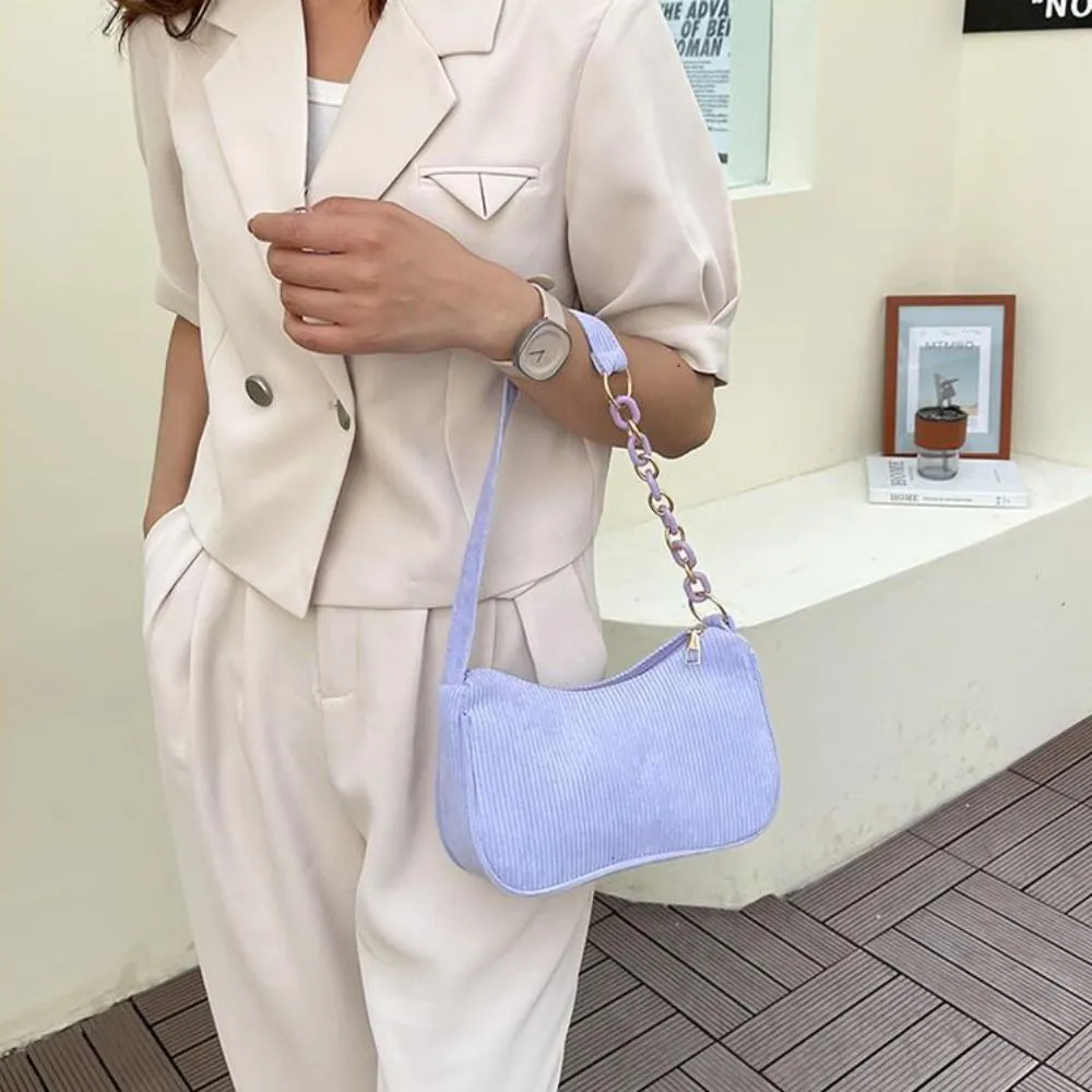Hobo Chain Corduroy Shoulder Bag Korean Style Solid Color Crossbody Storage Makeup Lipstick Veet Underarm_voghion.com