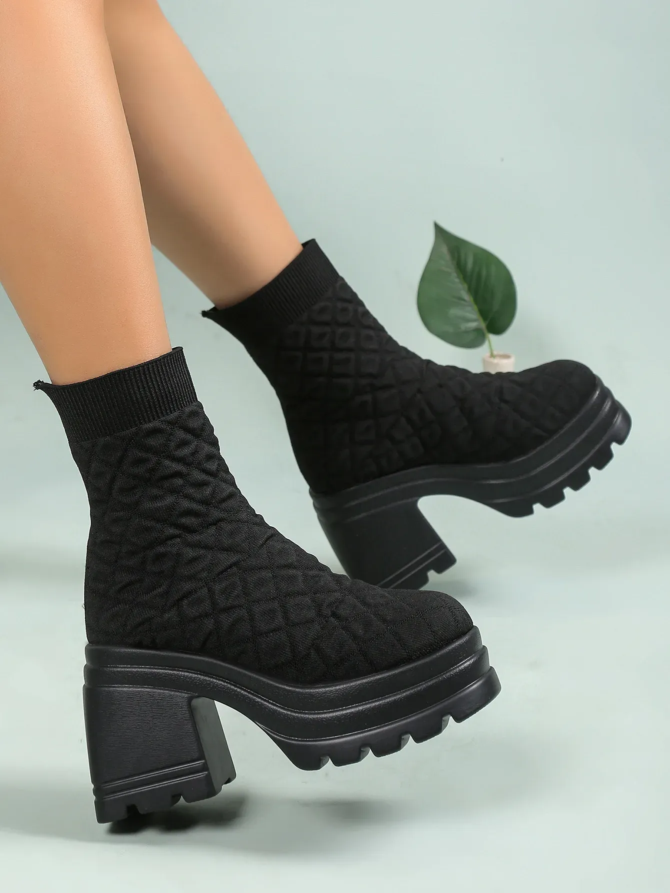 Frauen Stricken Chunky Winter Stretch Socken Stiefel Weibliche Herbst Mode Plattform Slip auf Square Heel Botas De Mujer_voghion.com