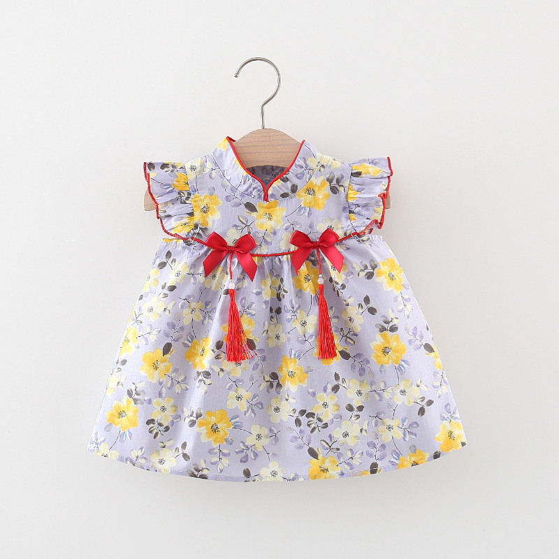 Baby Girl Clothes Summer Traditional Chinese Style Cheongsam Bowtie Pendant Dress_voghion.com