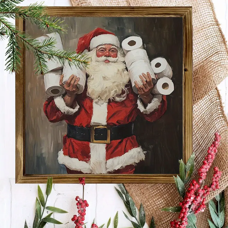 Semn rustic din lemn cu Moș Crăciun, 20x20 cm, semn rustic din lemn cu Moș Crăciun - Decor baie cu ramă pentru casă și birou, artă murală de sărbători_voghion.com