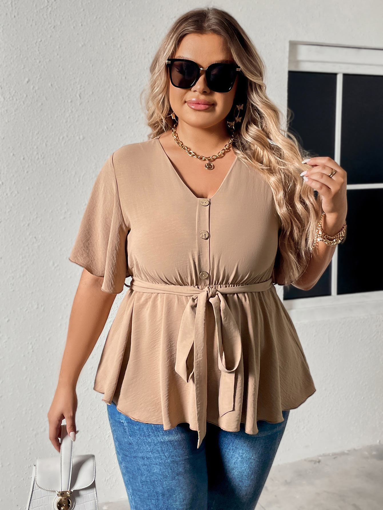 Damen V-Ausschnëtt Schlankheets-Tops fir grouss Gréissten MM Casual Damen_voghion.com
