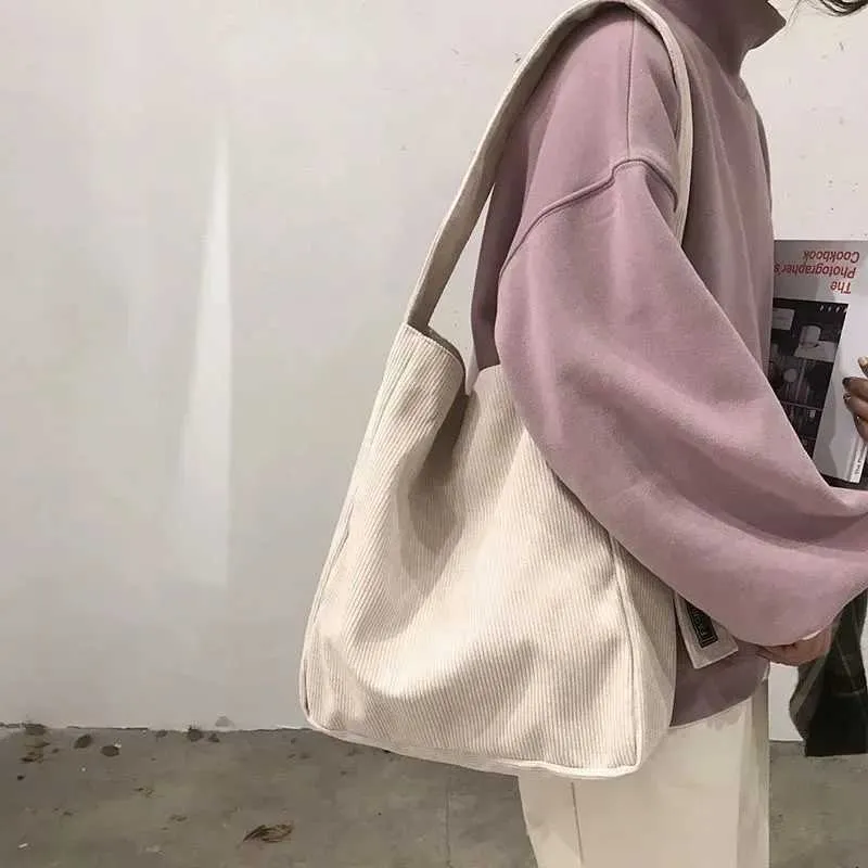 Große Cord-Schulter-Shopper-Tasche für Frauen Baumwolltuch Mode Canvas Tote Einkaufstaschen Frau Handtaschen wiederverwendbar_voghion.com
