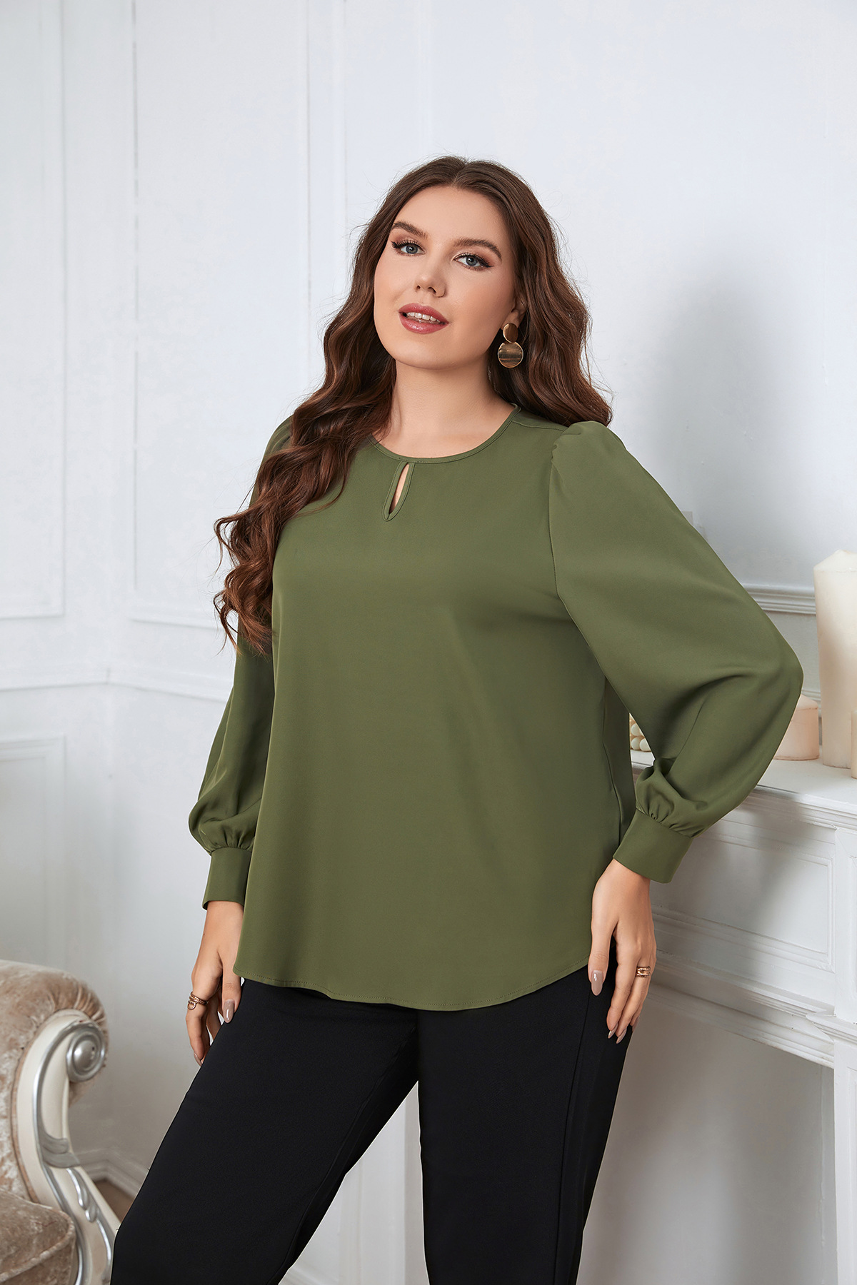 spring round neck long sleeve green large size women's shirt_voghion.com