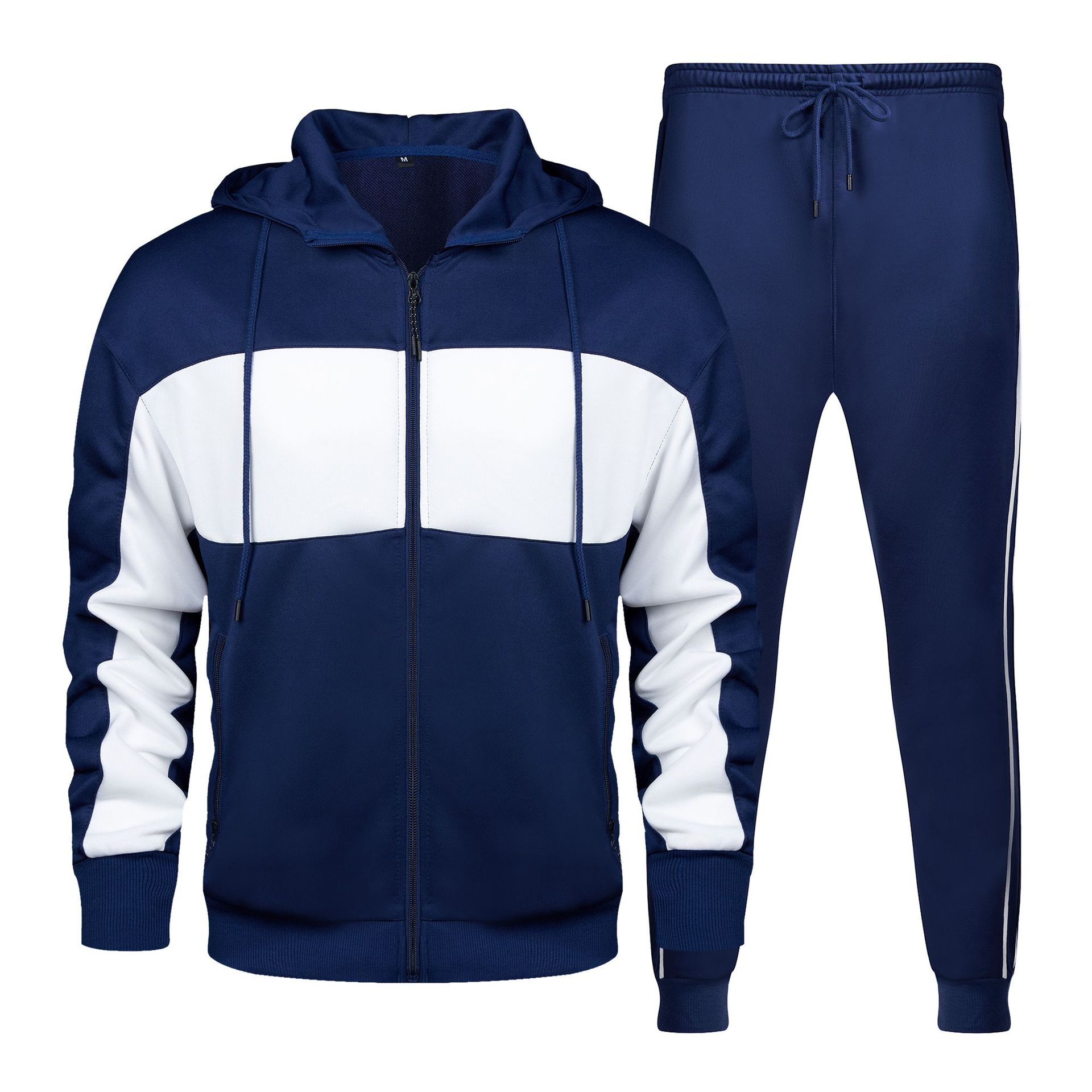 Lässiges zweiteiliges Set für Herren mit Farbkontrast, Strickjacke und Kapuze, Trainingsanzug in Übergröße_voghion.com
