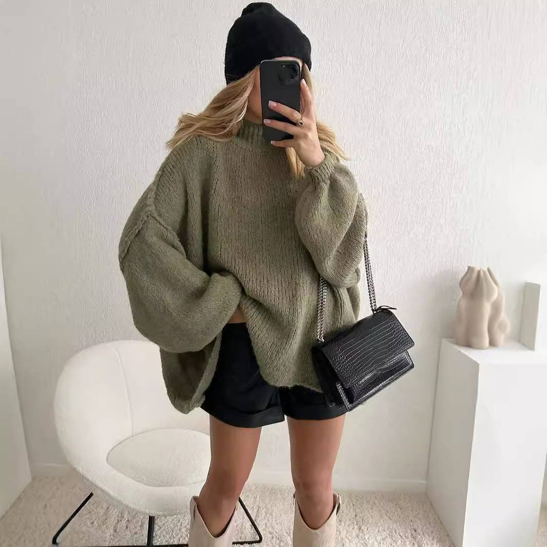 Women's Clothing New Loose Half High Collar Commuter Style Reverse Wear Knitted Pullover Solid Color Sweater