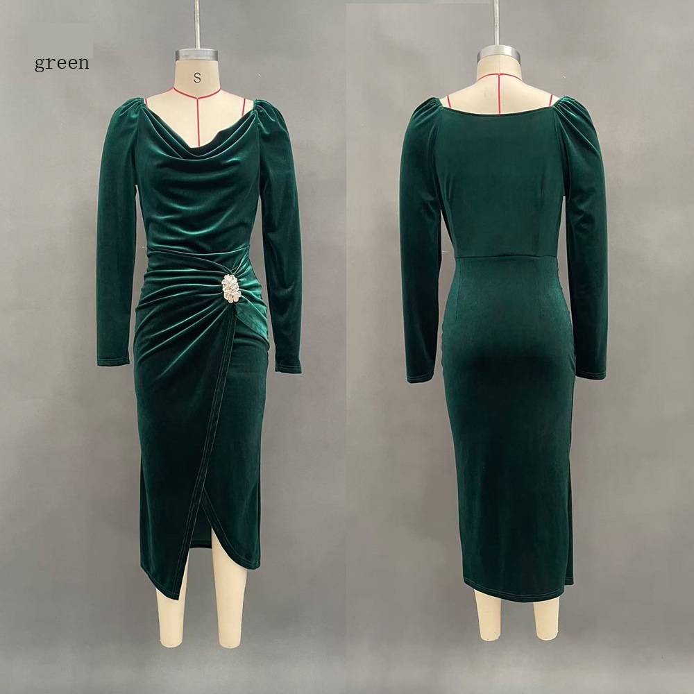 Women's Clothing New Sexy Long Sleeved Slimming Pleated Long Slit Velvet Bodycon Dress_voghion.com