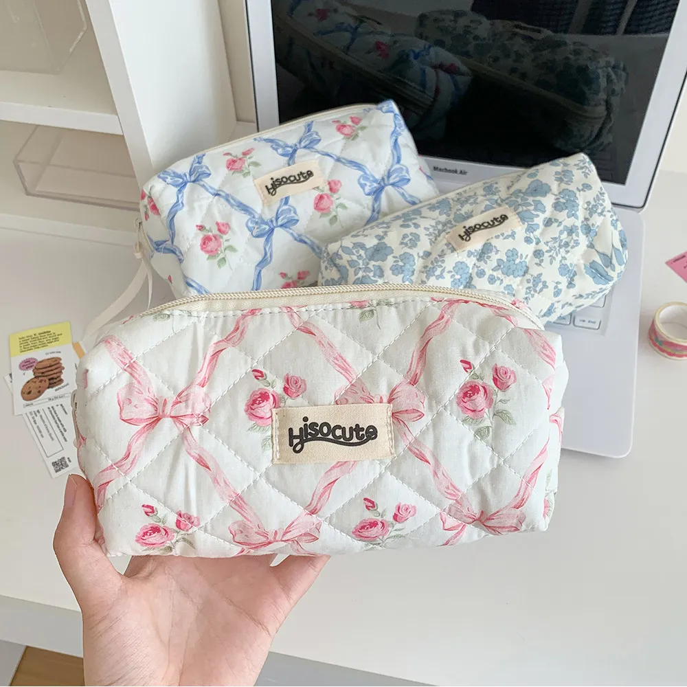 Borsa da trucco con cerniera, grande capacità, portatile, per cosmetici da donna, con fiocco e fiore, per ragazze._voghion.com