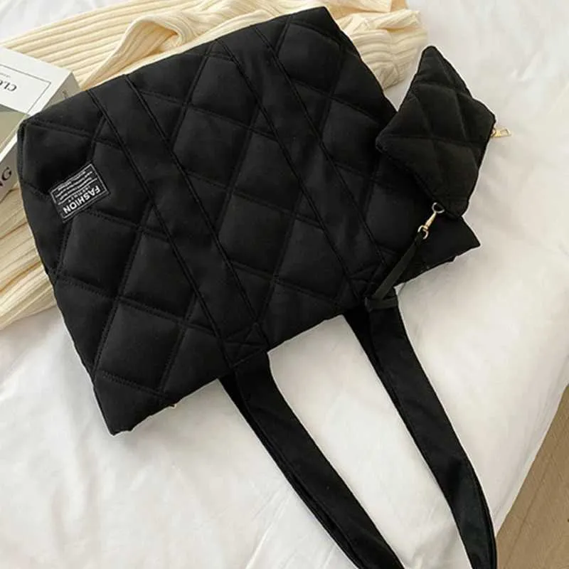 Damen Handtasche Herbst/Winter Mode Rhombus Space Cotton Anzug Schultertasche Große Kapazität Einfarbig All-Match_voghion.com