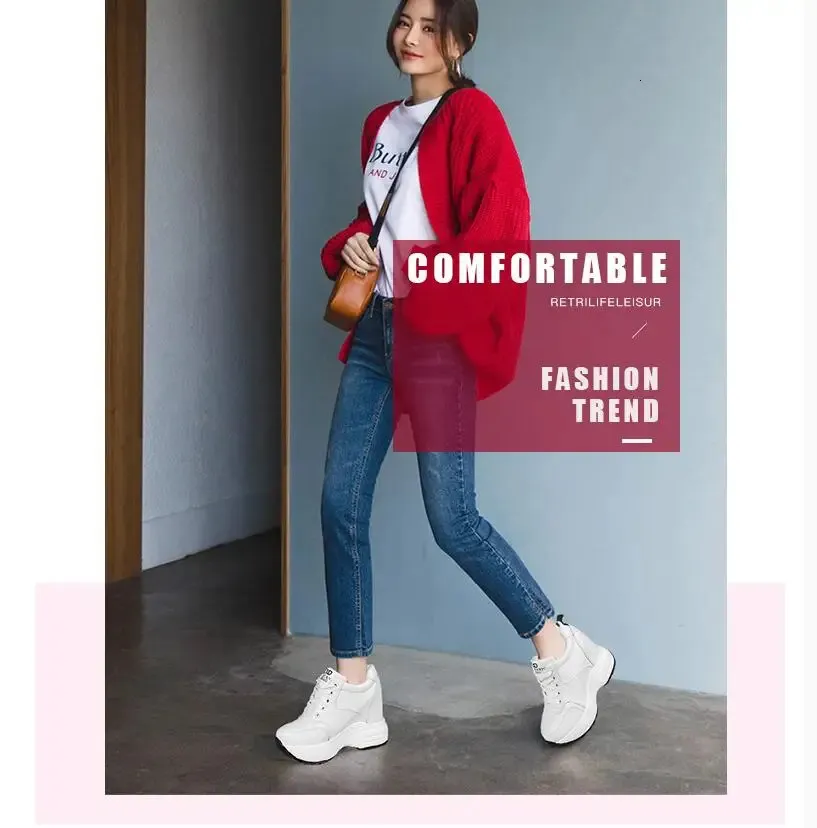 Women's Platform Sneakers Leather Chunky Trainers White Wedges_voghion.com