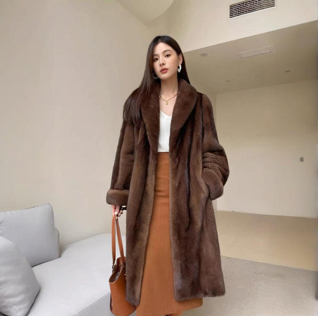 ​​Retro Faux Mink Coat – Caramel V-Neck Longline Faux Fur Coat With Belt, Slim Fit Winter Jacket (Chestnut, S-XL)​​