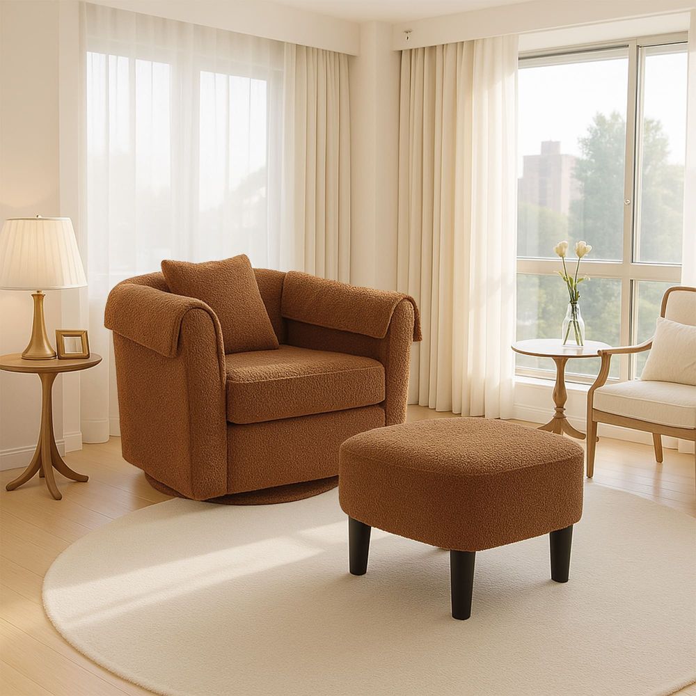 Swivel Accent Chair With Ottoman Set, Modern Chenille Barrel Armchair With Removable Back Pillow & 2 Armrest Covers For Living Room, Bedroom, Of_voghion.com