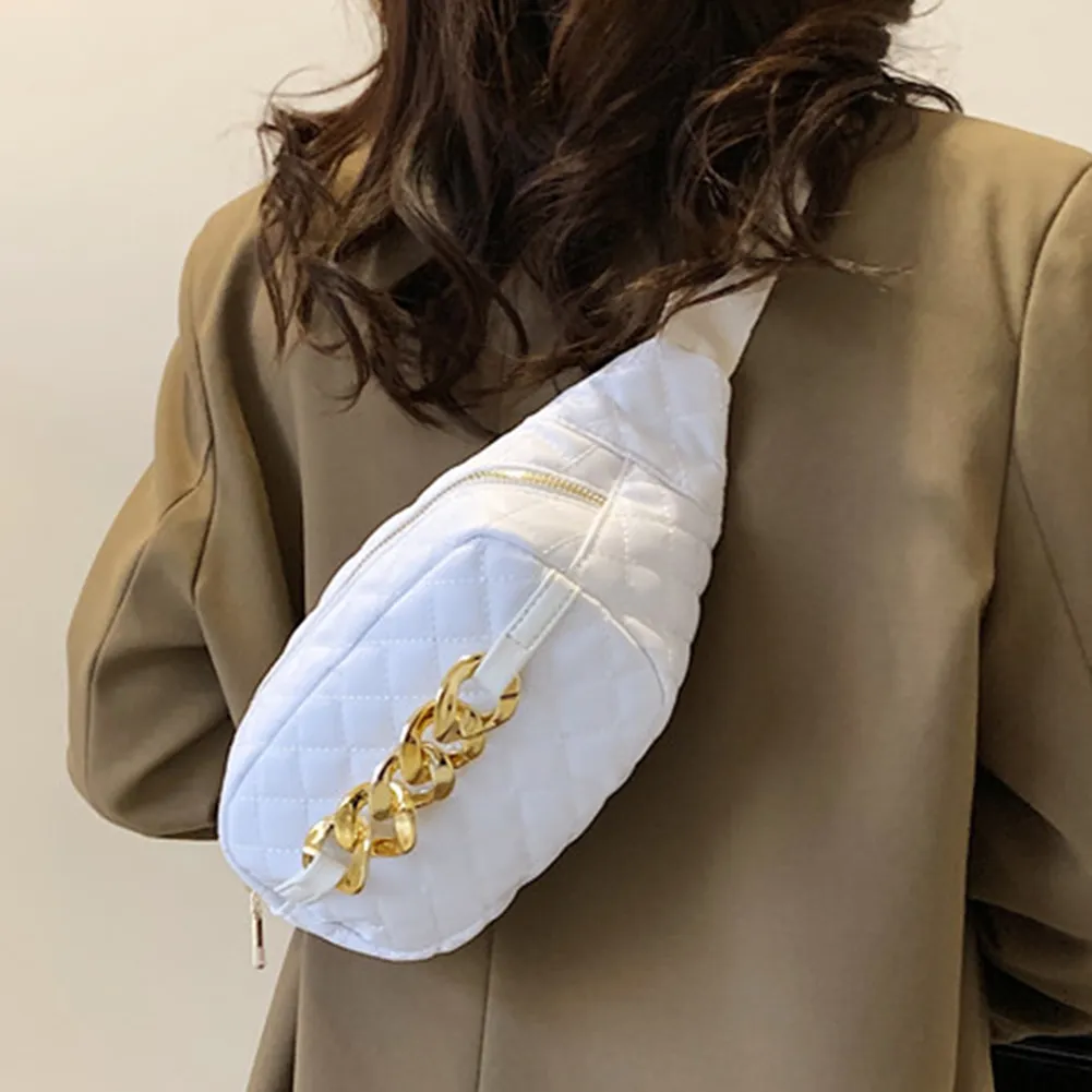 Bolsa tiracolo acolchoada com corrente grossa, casual, alça ajustável, simples e portátil para fim de semana_voghion.com