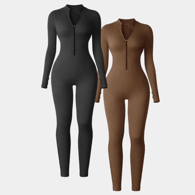 Women’s Clothing Threaded Half Zip Jumpsuit With Thumb Hole Long Sleeve Jumpsuit Hip Lifting Body Shaping Pants Small Stand Up Collar Jumpsuit