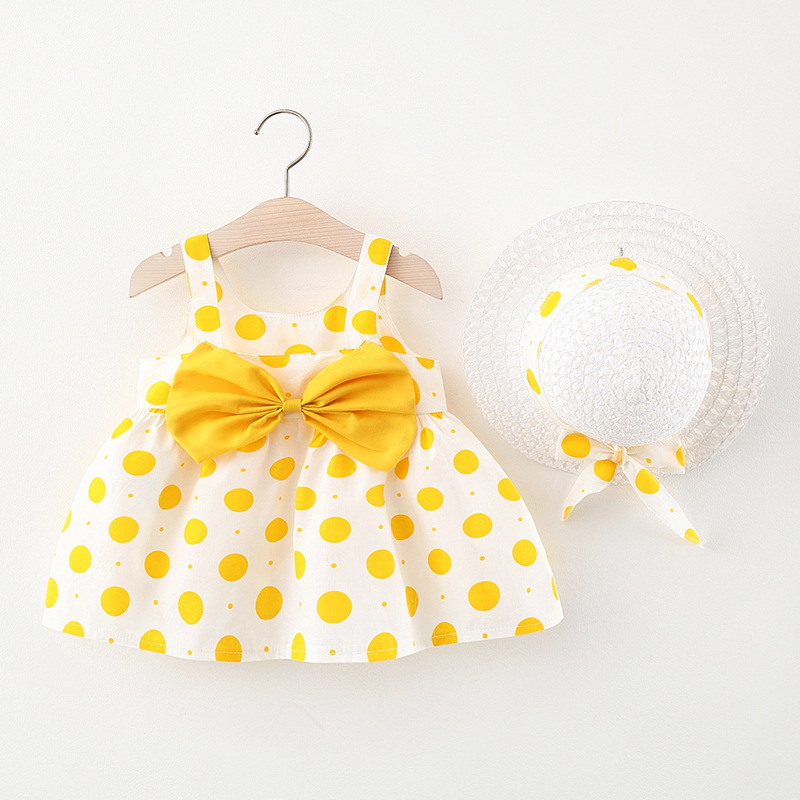 Retro Polka Dots Infant Girl Dress Sweet Big Bow Sleeveless Dress Fashion Summer Dress Send Hat_voghion.com