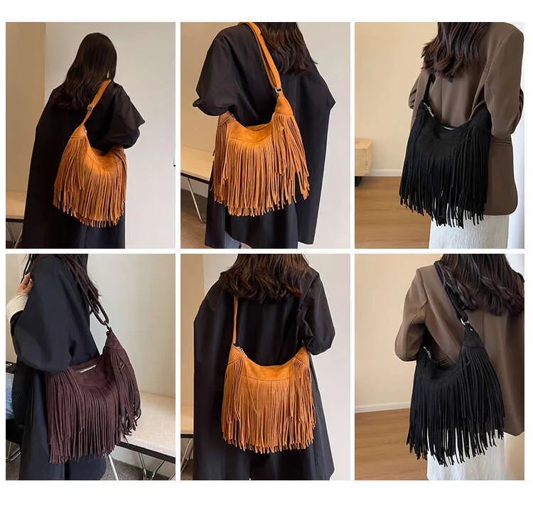 Enak stil kot Blogger 2024 Frosted Tassel Europe Leather Veet Retro Crossbody Bag Ženske torbe Street Dressing_voghion.com