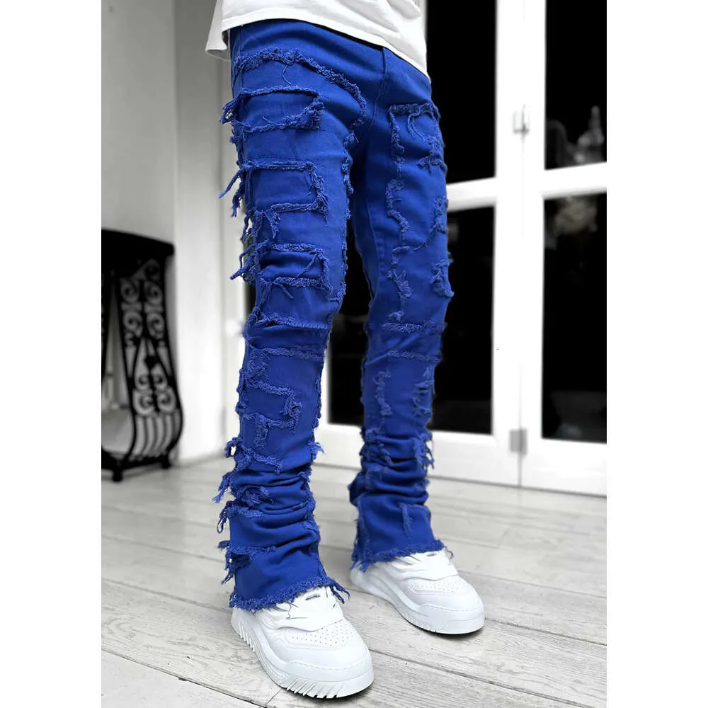 Pantalon droit en denim à patch élastique pour homme, nouvelle mode de rue_voghion.com