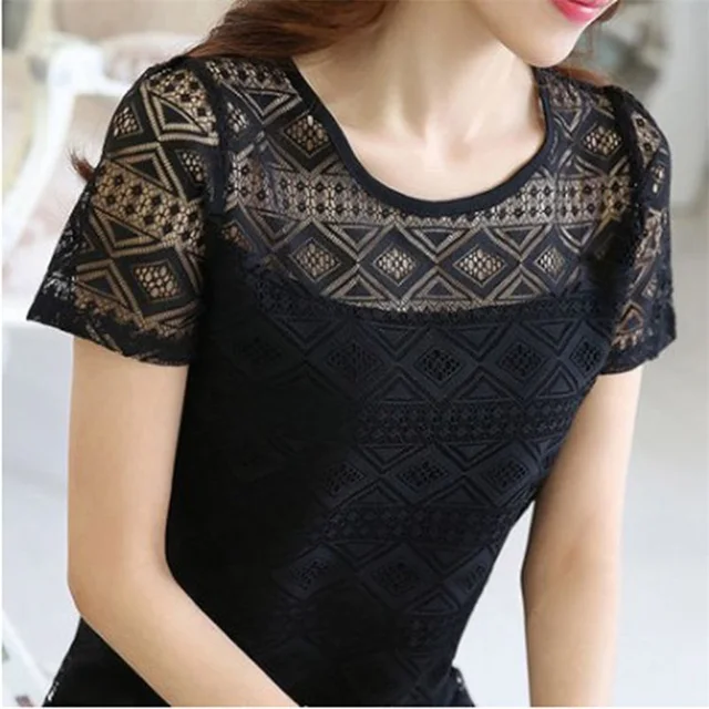Heißer verkauf Frauen Bluse Spitze Top Oansatz Kurzarm Dünne Weibliche Tops Einfache Feste Farbe Aushöhlen Chiffon Hemd Für Damen sommer_voghion.com