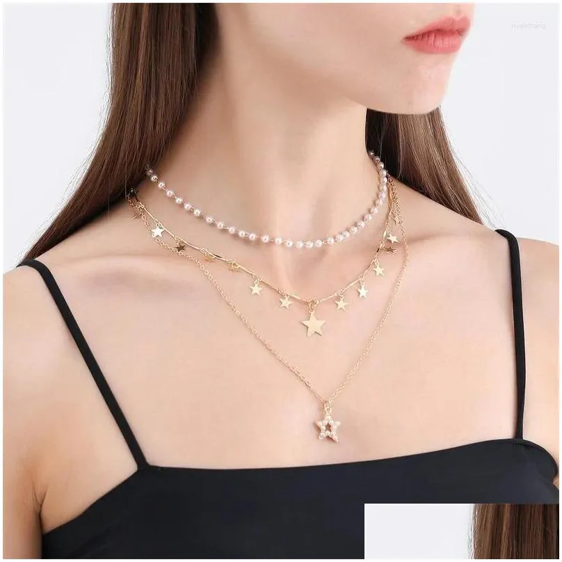 Kolye Kolye Bohem Katmanlı El Yapımı Yıldız Taklit İnci Vintage Chokers Kadınlar İçin Altın Renkli Kolye Moda_voghion.com
