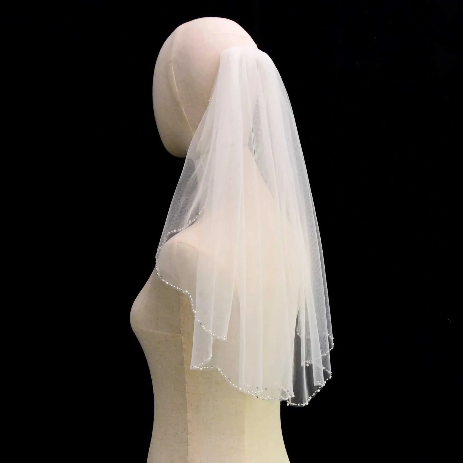 Hair Jewelry Short Wedding Veils Rhinestones Bridal Veil Crystal Beaded Bead Edge 60CM with Comb Bachelorette Party_voghion.com