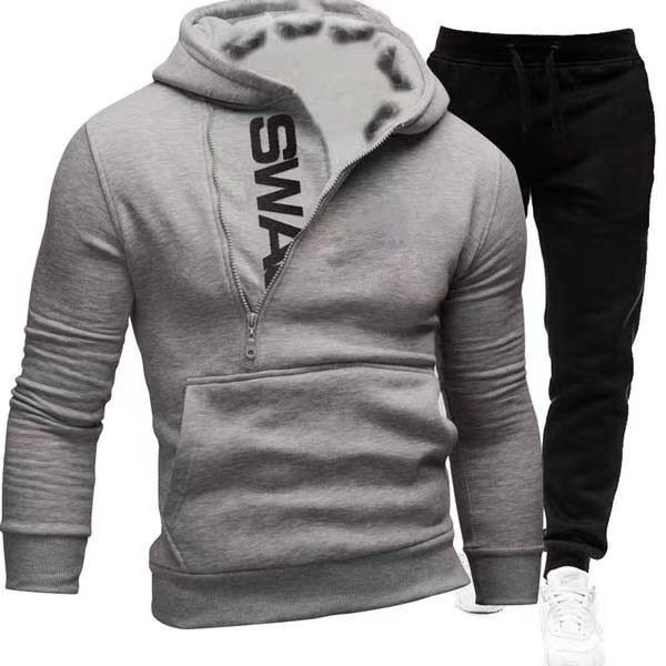 New men's hooded diagonal zipper printed pullover two-piece hoodie pants outer set_voghion.com