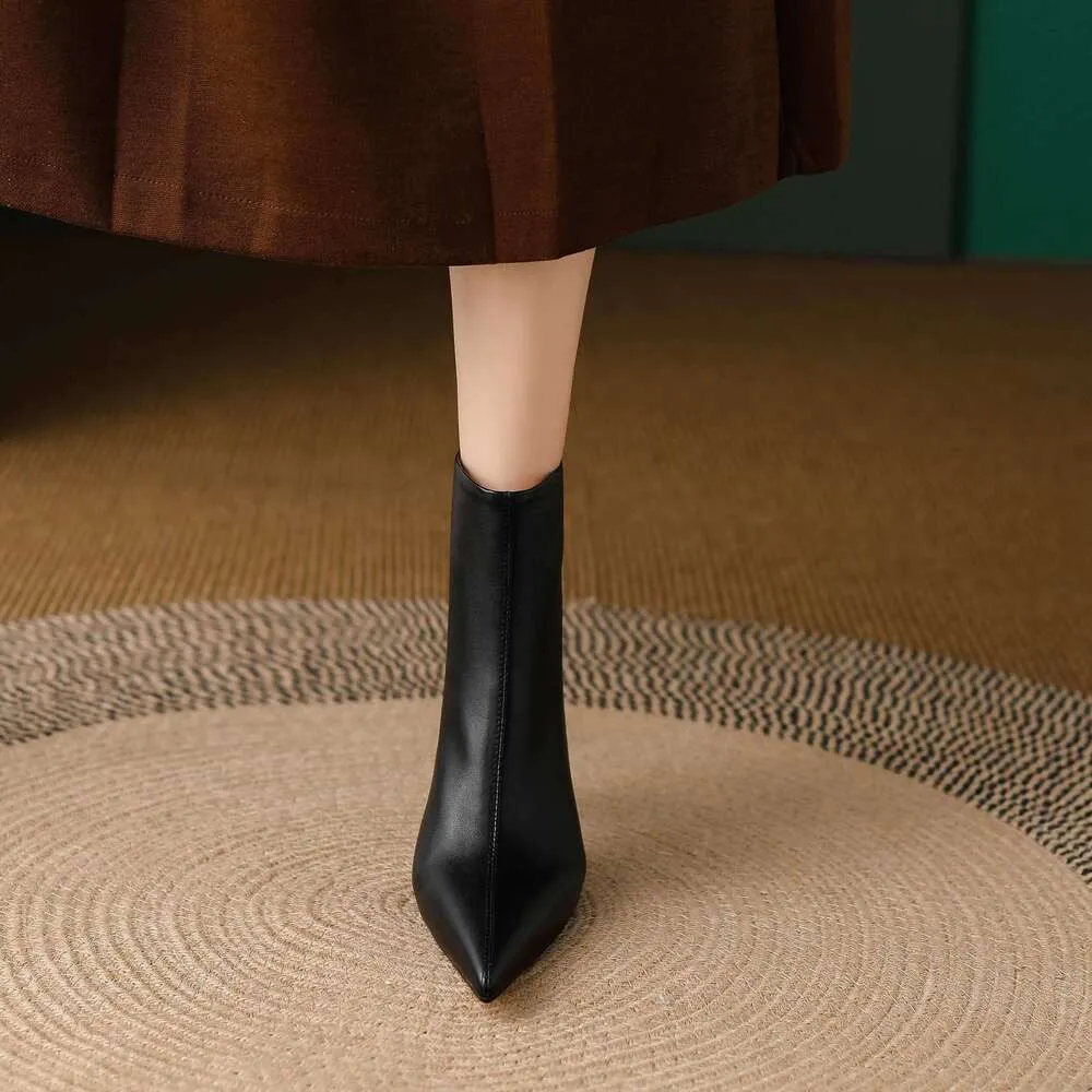 Cow Leather Pointed Toe High Heels Zipper Modern Warm Winter Shoes Concise Fashion Solid Elegant Ankle Boots_voghion.com