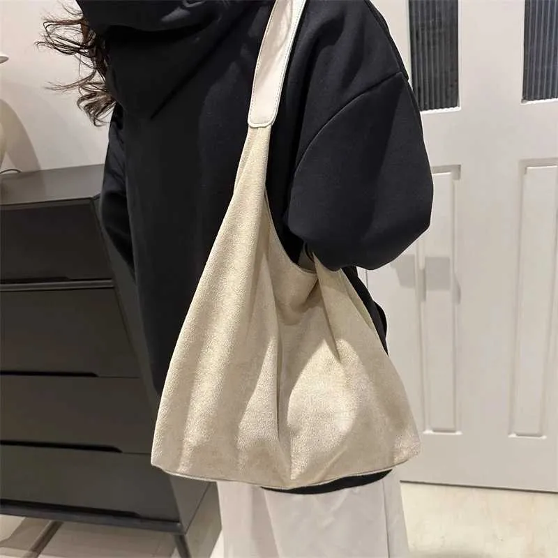 Retro womens large capacity suede shoulder bag solid color simple design casual shopping handbag Y241123_voghion.com