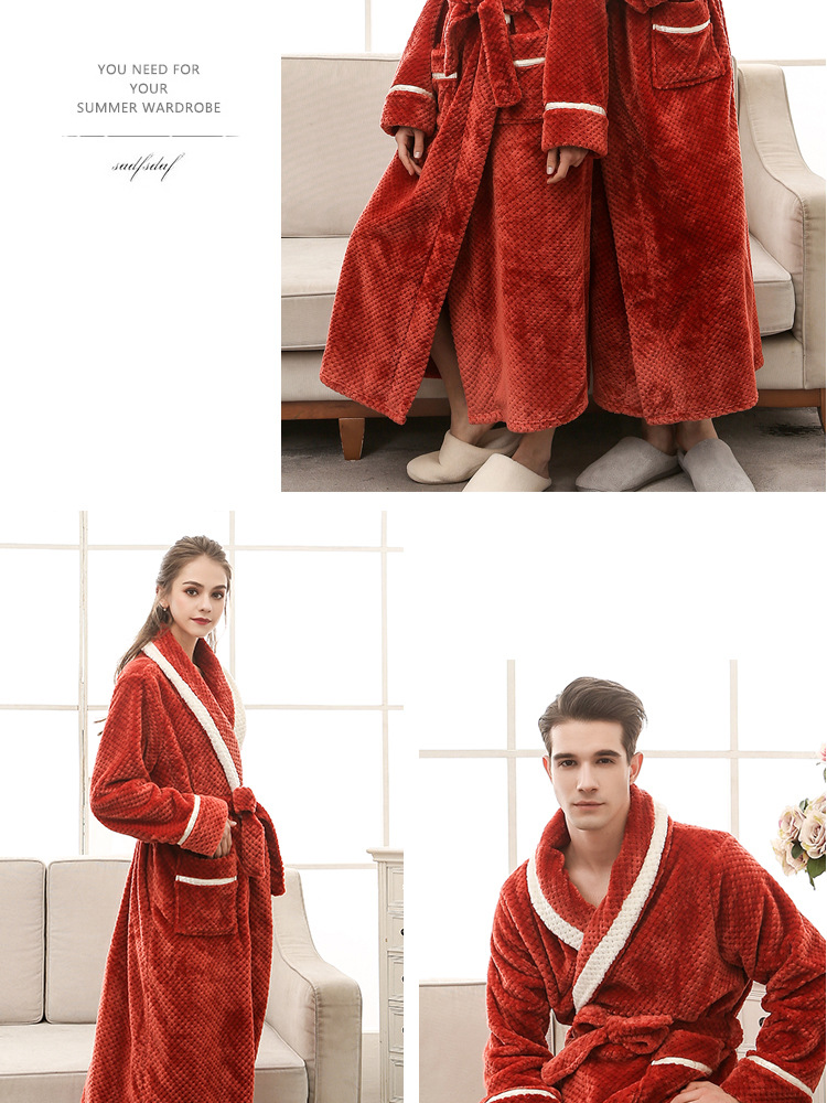 Underwear & Sleepwears Ultra-Soft Flannel Couple's Robe - Winter Warm Bathrobe For Women & Men, Oversized Long Plush Sleepwear, Navy/Red/Orange/Pink_voghion.com
