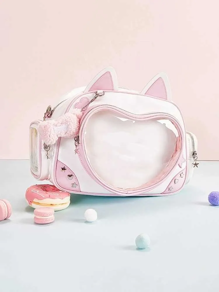 Σακίδιο πλάτης Kawaii Y2K Ita Cat με πτυσσόμενο ρυθμιζόμενο λουράκι, διαφανές τσέπης, στυλ preppy, γυμνάσιο ba241021_voghion.com