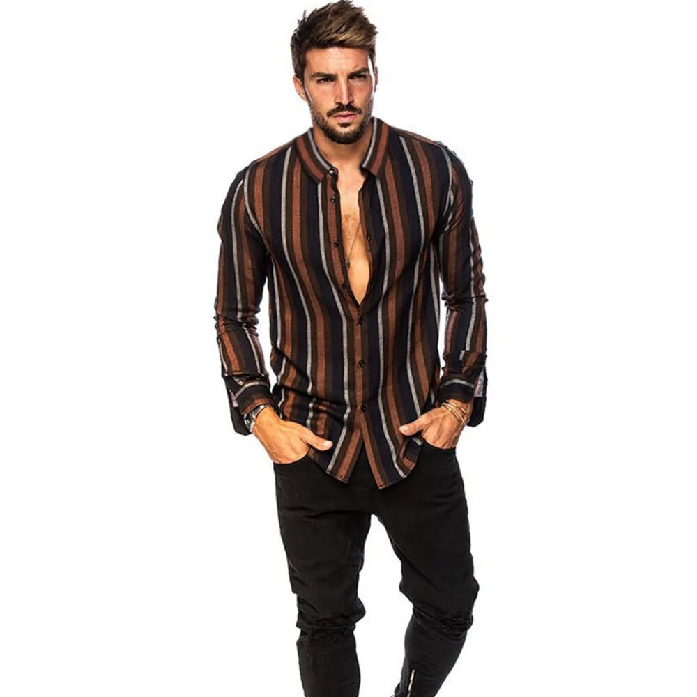 Herren Casual Langarmhemd Gestreiftes Slim Fit Top Mehrfarbiges Revers Modetrend_voghion.com