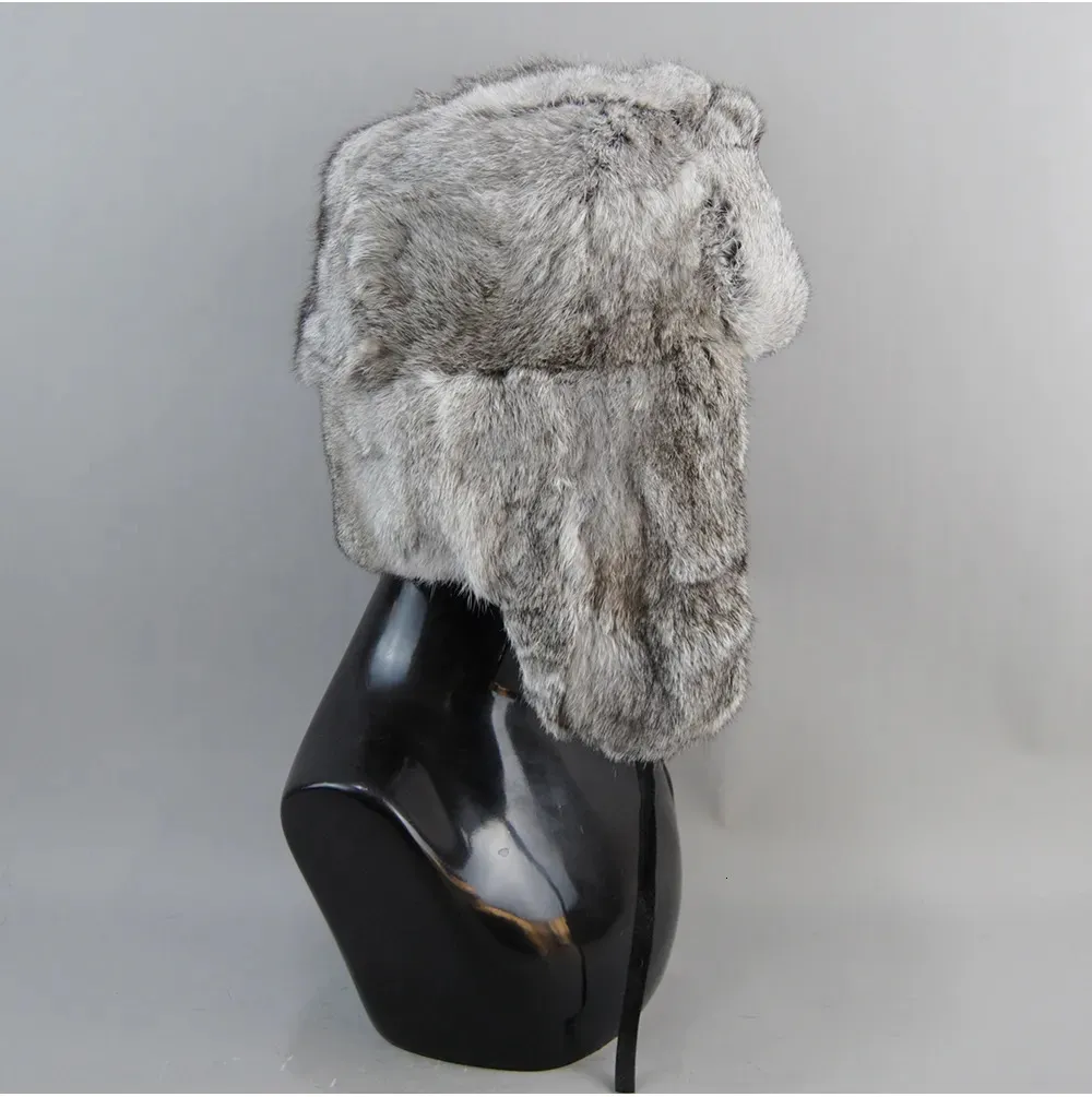 BeanieSkull Men's Caps Natural Bomber With Earflaps Winter Unisex Warm Russian Ushanka Hat Real Rabbit Fur Hats 231017_voghion.com
