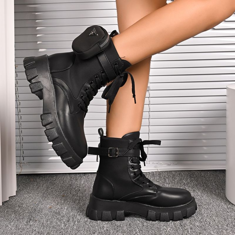 2024 neue modische Übergrößen-Kurzstiefel mit dicker Sohle für Damen, Modetasche im britischen Stil, Gürtelschnalle, Martin-Stiefel für Damen_voghion.com
