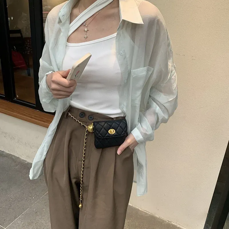 Hot Sale Quilted Waist Pack With Gold Ball Pendant - Stylish Belt Bag Crossbody Handbag, Mini Purse Free Shipping_voghion.com
