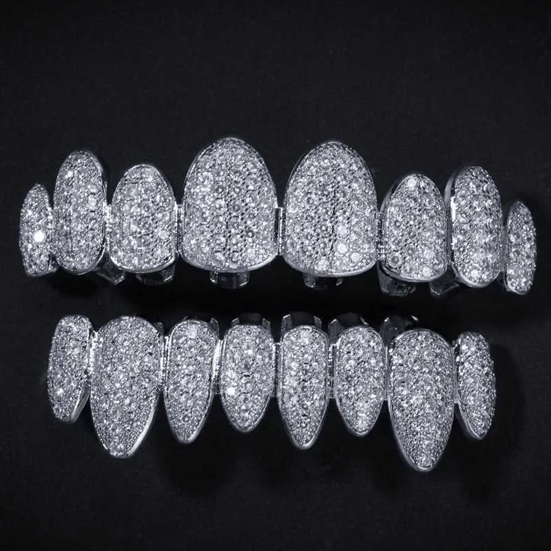 Iced Out 14K Gold Grills Kristall Zähne Oben Unten Diamant Grillz Hip Hop Bling Kubikzircon Rapper Körperschmuck7425554_voghion.com