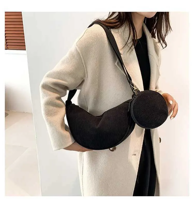 Borsa a tracolla casual in velluto a coste da donna Hobos, semplice, tinta unita, borsa a tracolla da donna, versatile, da pendolare_voghion.com