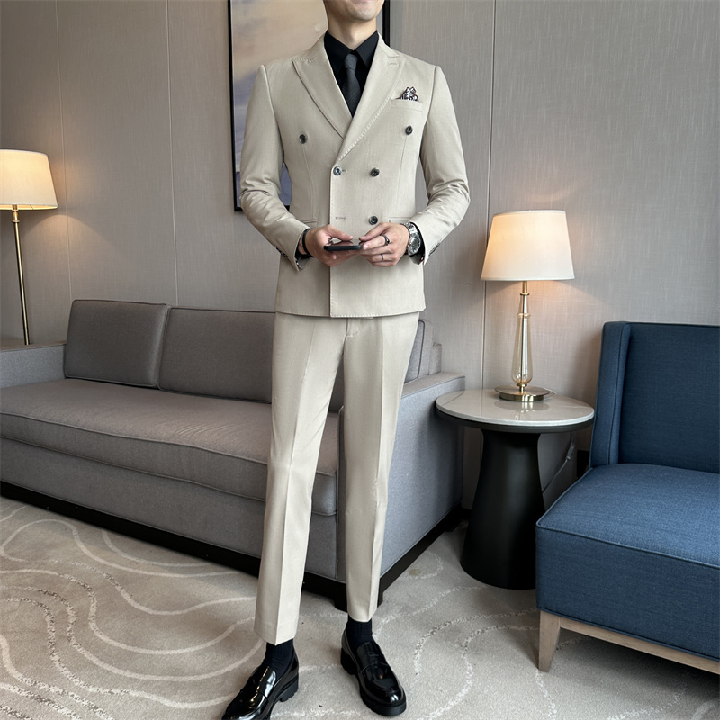 ​Men's Slim Fit Double Breasted Striped Suit Set - Wedding Groom Tuxedo & Business Formal Blazer For Interview & Office​