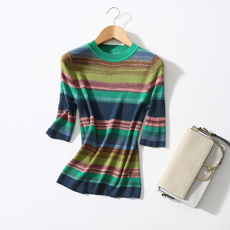 Pull en laine ultrafine pour femme, coupe cintrée, assorti avec tout, manches mi-longues, haut élastique à rayures arc-en-ciel, printemps et été_voghion.com