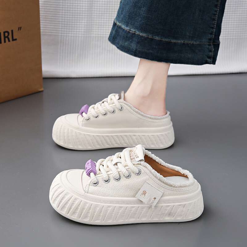 Women's Baotou Canvas Half Slip One Foot Lazy Thick Bottom Heel-less Board Shoes_voghion.com