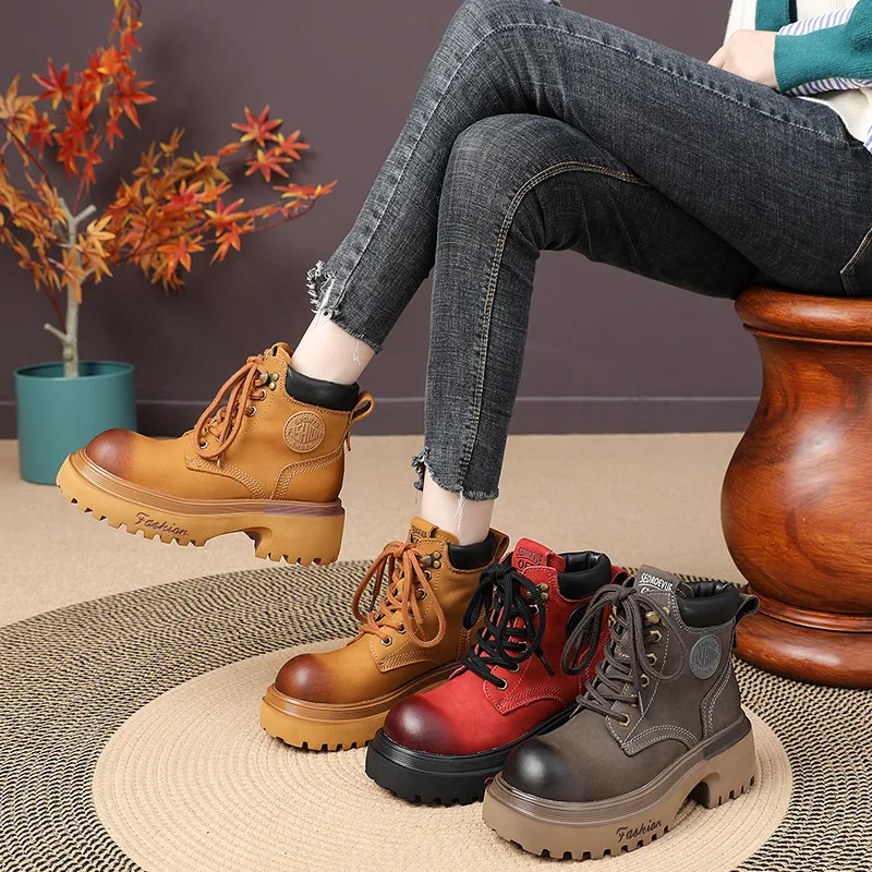 Genuine Leather Motorcycle Boots For Women Round Toe Thick Sole_voghion.com