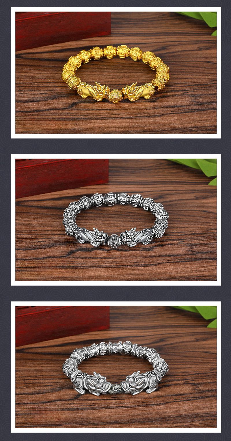 Bracciale unisex con perline di mantra a sei caratteri in ossidiana color oro e moda_voghion.com
