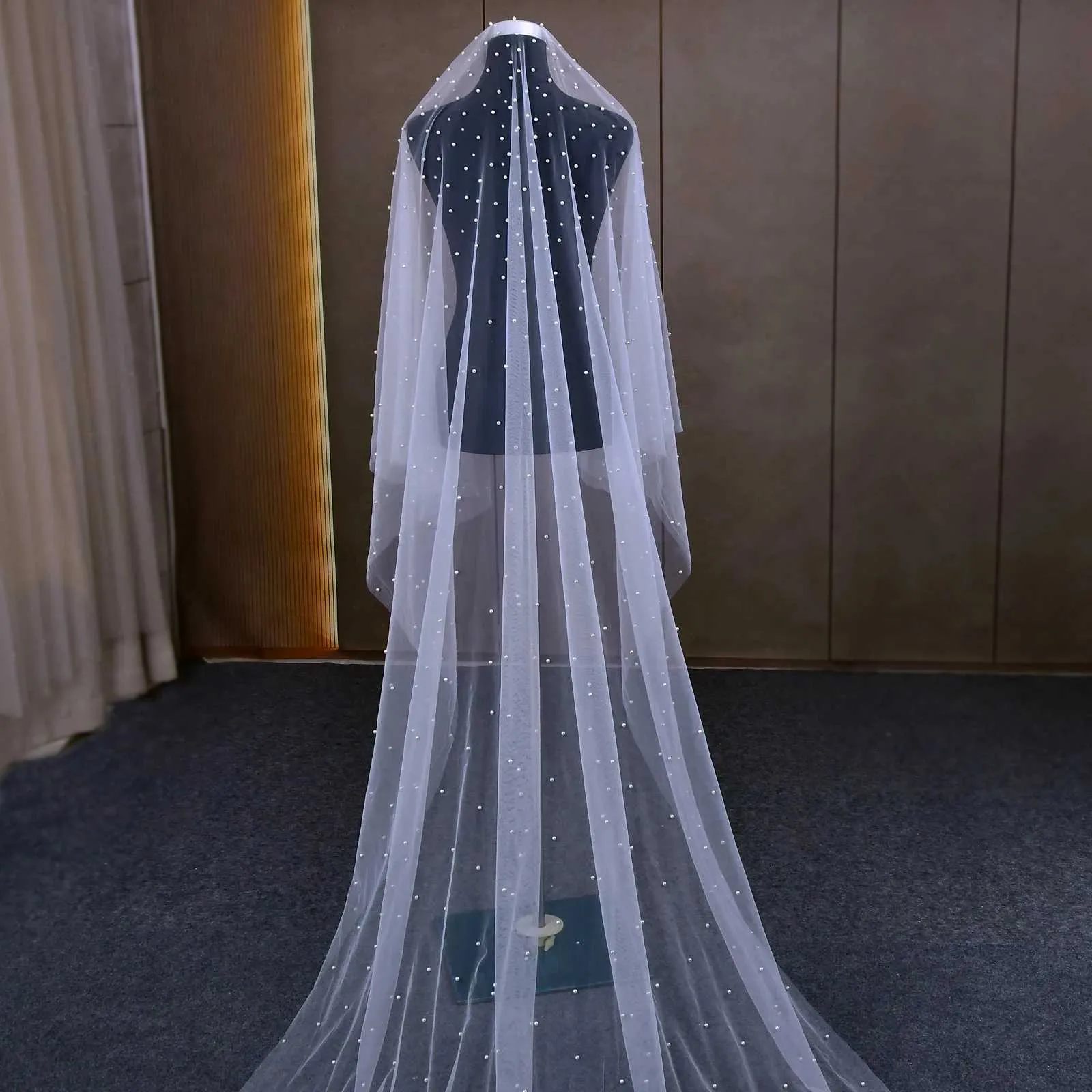 Haarschmuck V08 KEIN Kamm Schleier Perlen Perlen Brautschleier Bedecken Gesicht Kathedrale Länge Rohkante Schönheit Braut Hochzeit_voghion.com