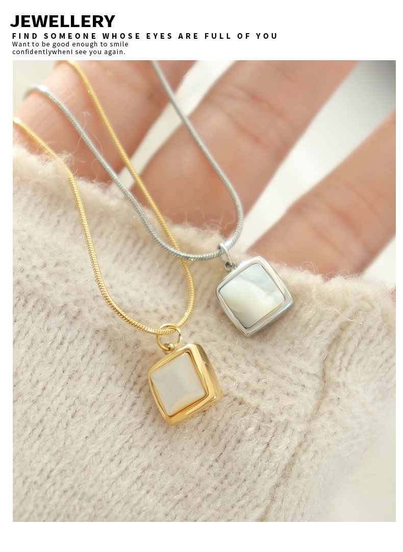 French Instagram Cool Wind Square White Sea Shell Pendant Necklace with Small Design Titanium Steel Gold Plated Round_voghion.com