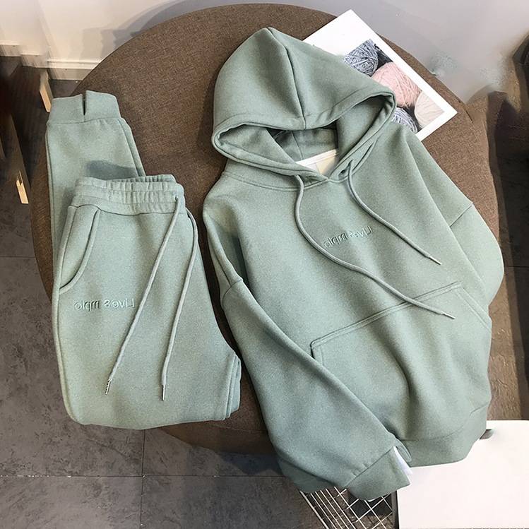 Women's Clothing Autumn And Winter Thickened Velvet Hooded Sweatshirt Suit Letter Sports Leisure Fashion Western Style Two Piece Suit