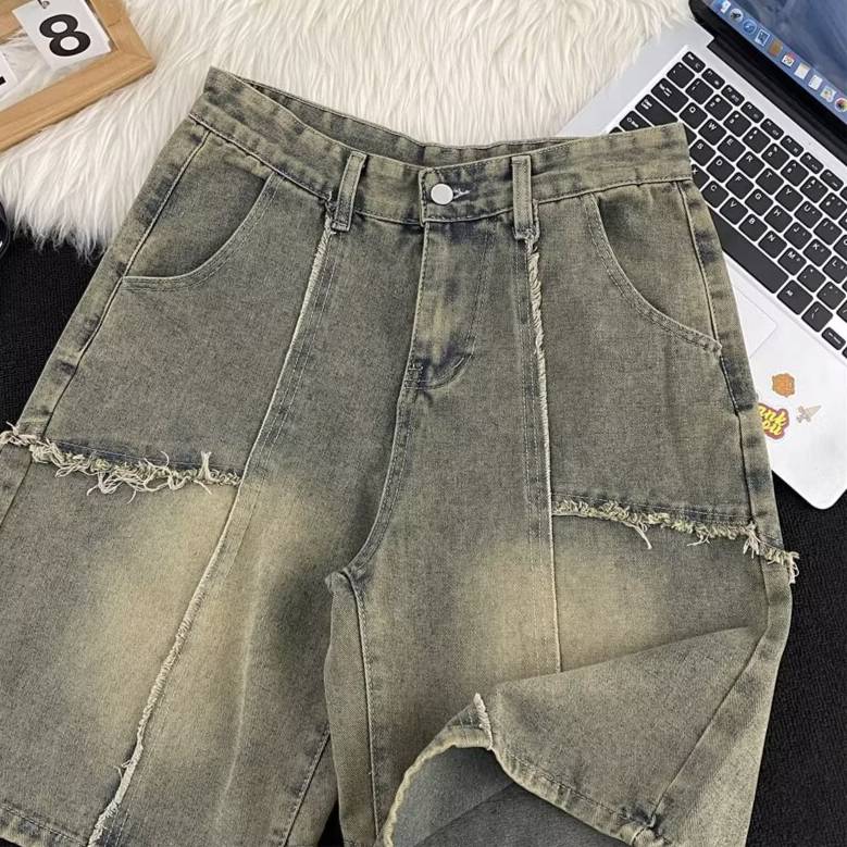 Men's Denim Shorts Retro Distressed Frayed Patchwork Loose Fit_voghion.com
