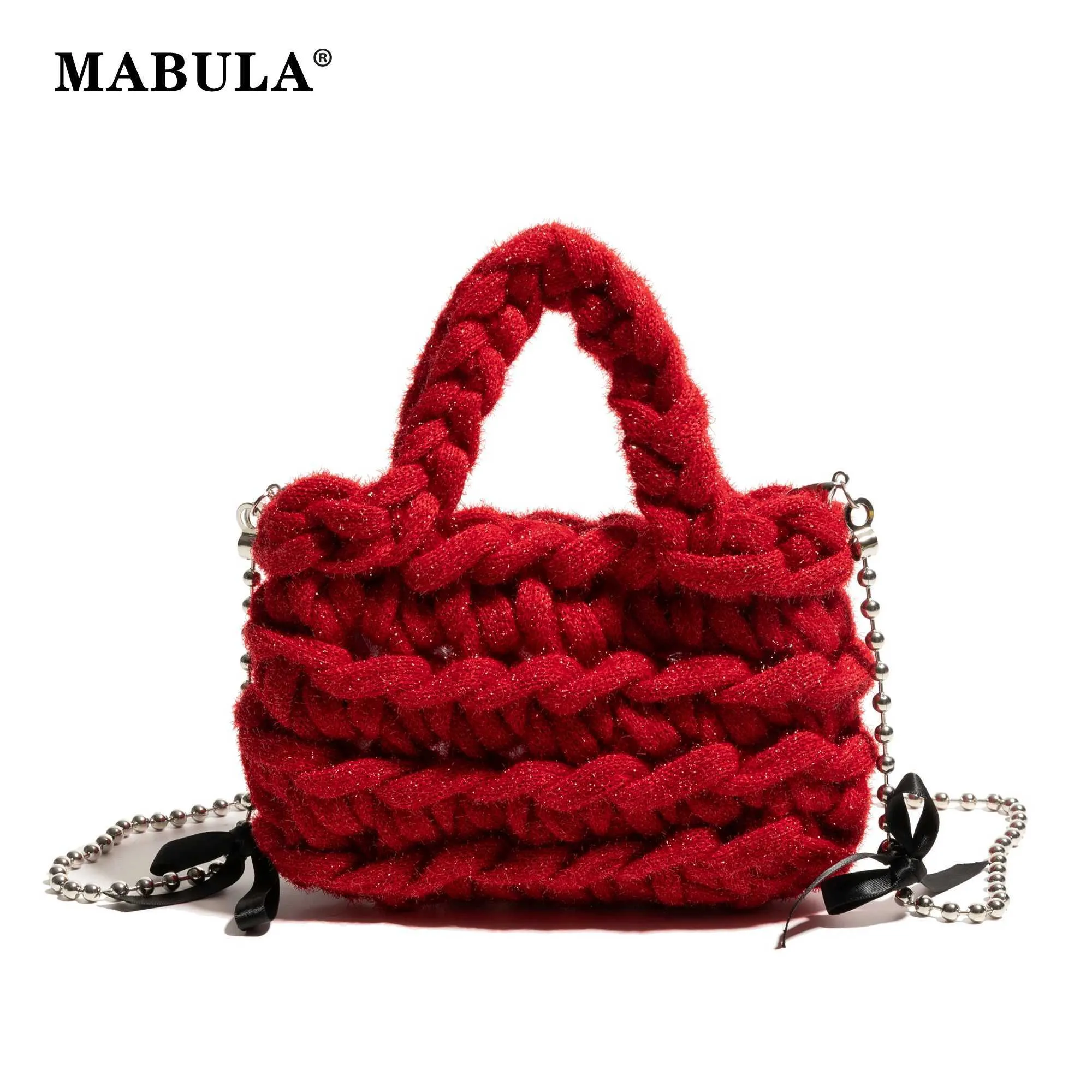 MABULA Weihnachtsrote gestrickte Hobo-Handtasche, Winter, warmer Baumwollstoff, stilvolle gewebte Handy-Geldbörsenkette, schlichtes Design_voghion.com