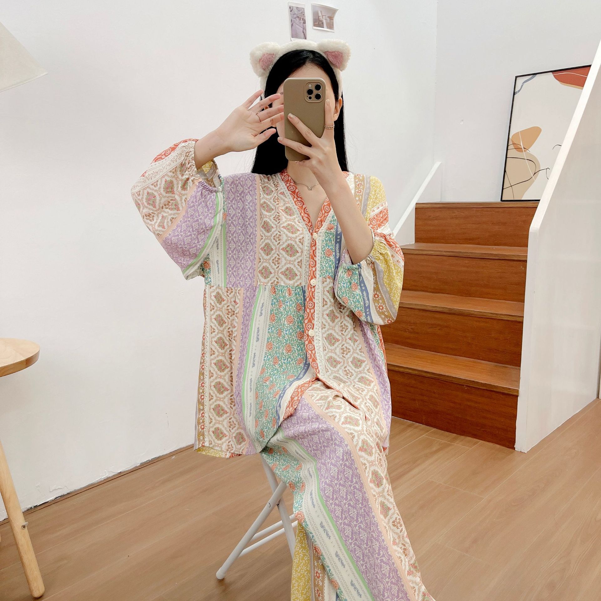 Pigiami da donna Pigiama in cotone e seta con sette polsini, pantaloni a campana per la casa di grandi dimensioni_voghion.com